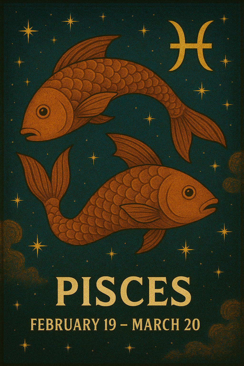 Artistic Pisces zodiac illustration with two fish in a cosmic ocean, surrounded by stars and the Pisces symbol.