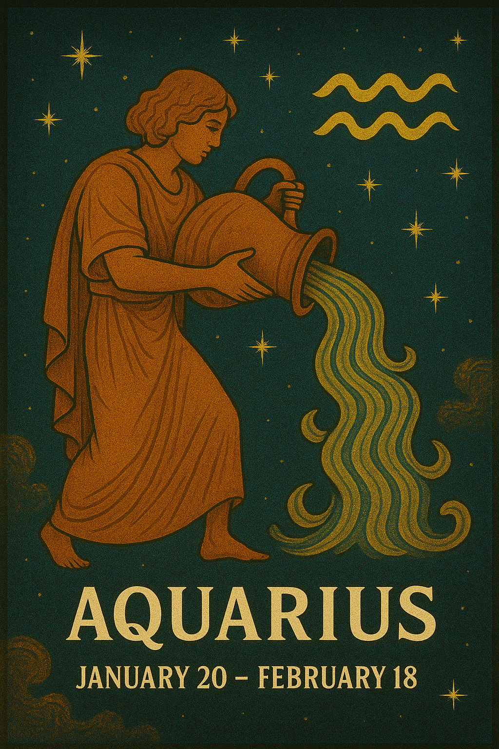 Illustration of the Aquarius zodiac sign with a water bearer pouring stars, surrounded by a cosmic sky and the Aquarius symbol.