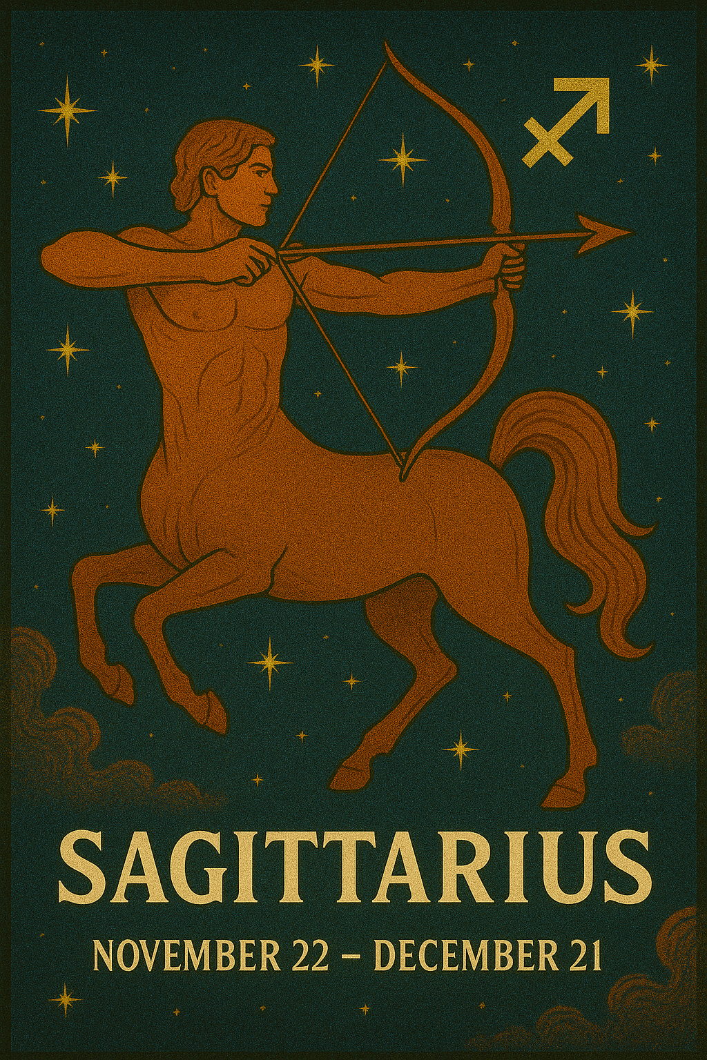 Vintage zodiac illustration of Sagittarius with a centaur archer, golden bow, celestial background, and the Sagittarius symbol.