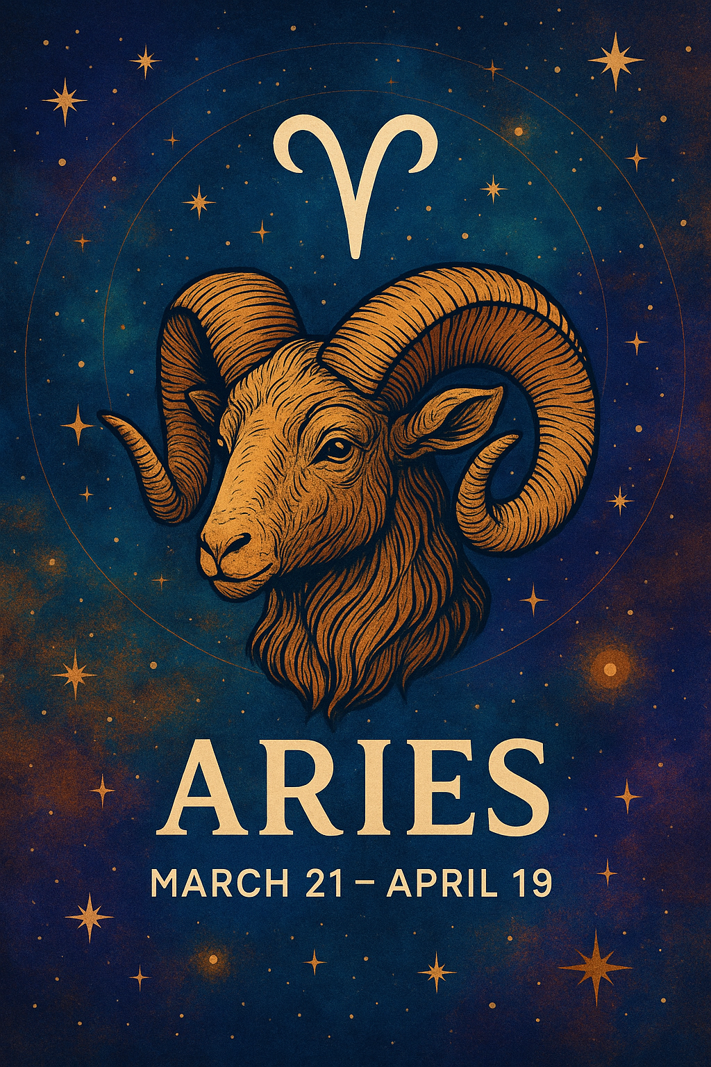 Illustration of the Aries zodiac sign with a detailed ram head and the Aries symbol above, set against a starry cosmic background.