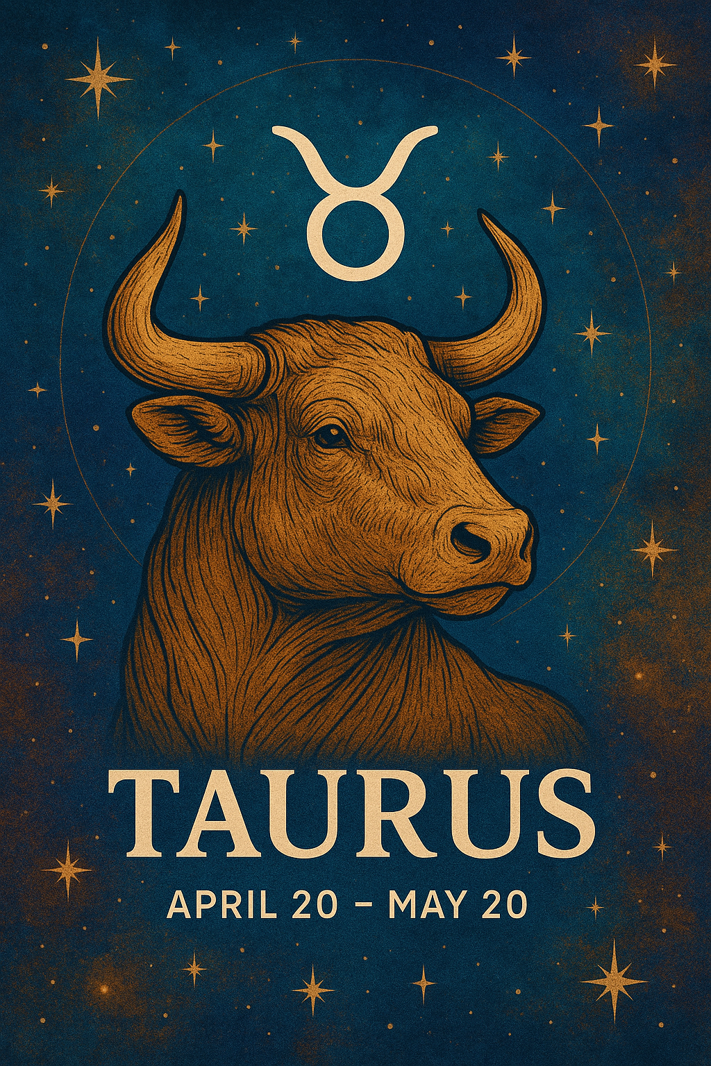 Illustration of the Taurus zodiac sign with a brown bull, cosmic background, Taurus glyph, and golden hues.
