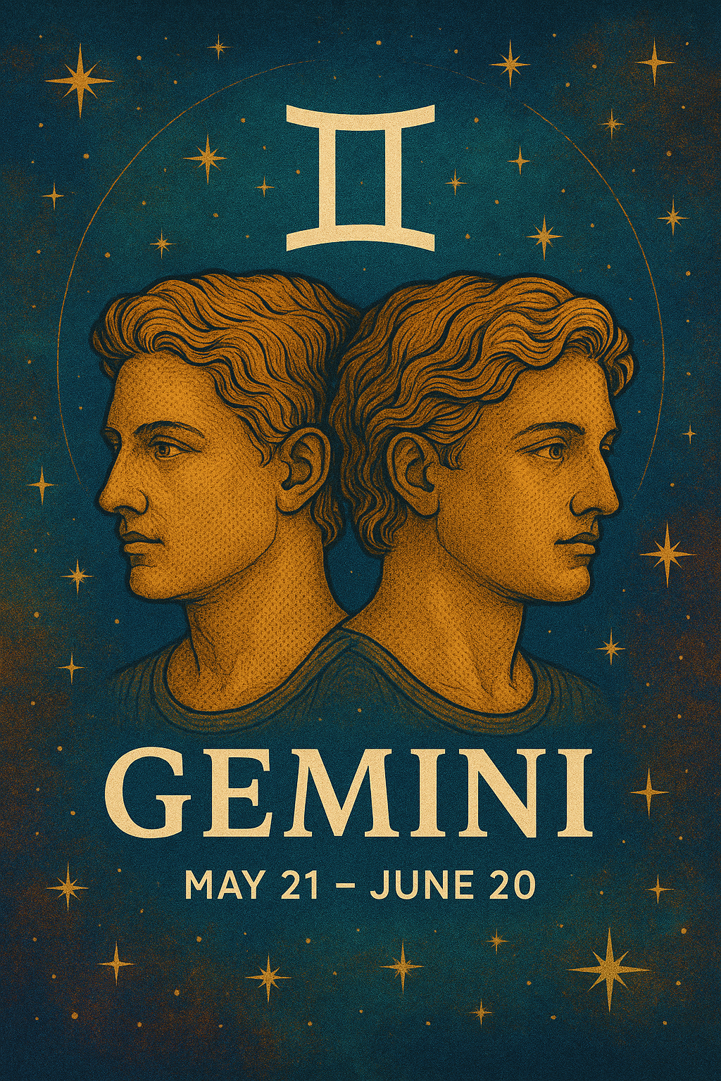 Artistic representation of Gemini with twin women, celestial background, and the Gemini zodiac symbol.