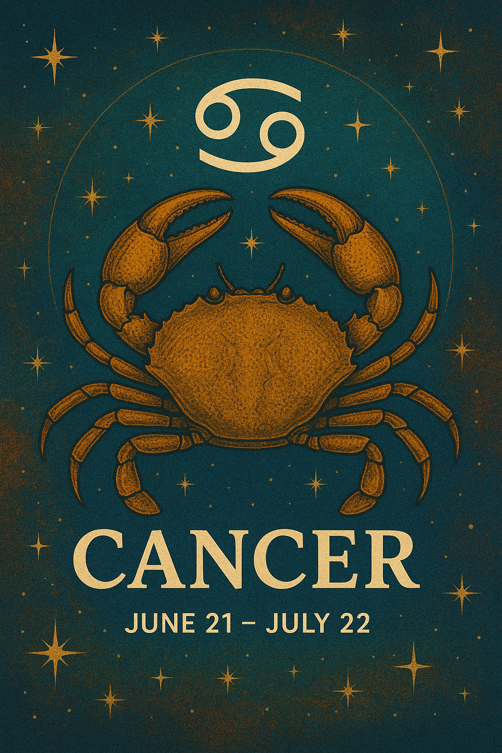Vintage-style illustration of the Cancer zodiac sign with a crab, stars, ocean waves, and the Cancer glyph.