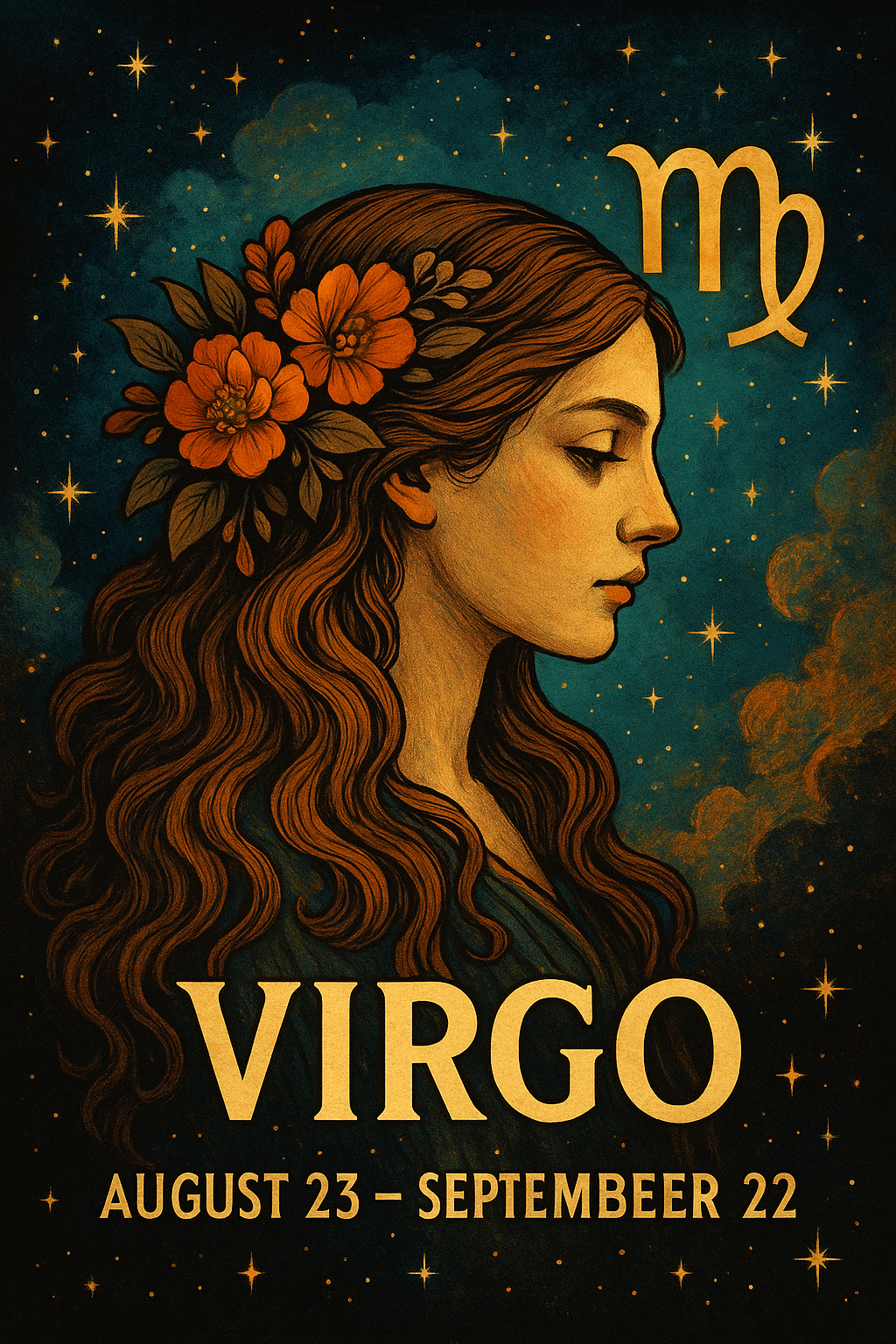 “A graceful maiden surrounded by earthy elements and glowing light, symbolizing Virgo’s purity, wisdom, and grounded spirit.”