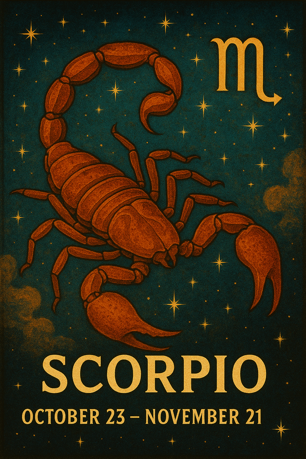 Vintage-style Scorpio zodiac illustration with a detailed scorpion, dark celestial background, and glowing Scorpio symbol.
