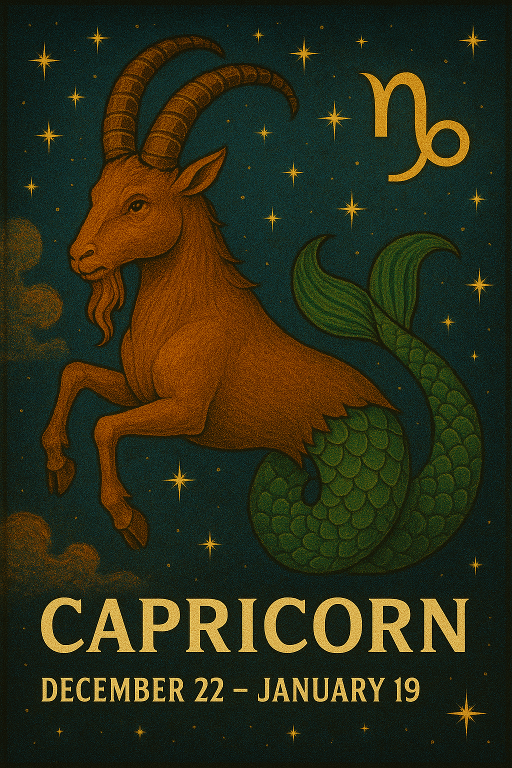 Illustration of the Capricorn zodiac sign showing a sea-goat under a starry sky, with the Capricorn symbol and earthy mountain tones.