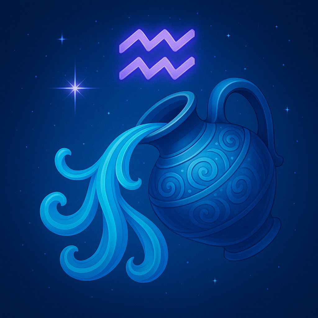 Aquarius water jug pouring glowing blue water with the Aquarius symbol above it, set against a starry cosmic background.