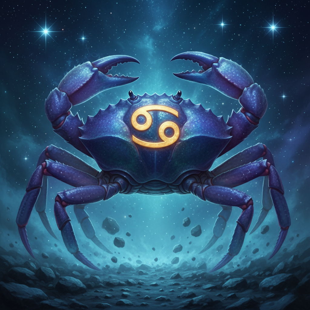 Cosmic blue crab with glowing golden Cancer zodiac symbol on its shell in a starry sky.