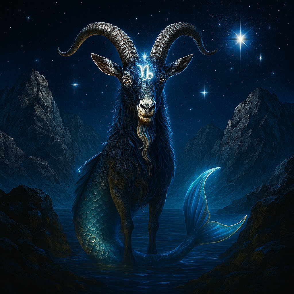 Mystical Capricorn sea-goat with a glowing Capricorn symbol on its forehead, standing in sparkling dark blue waters under a starry night sky.