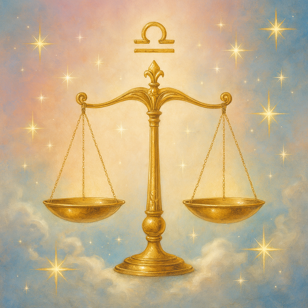 Golden Libra scales with the Libra symbol above them, floating in soft pastel clouds and surrounded by glowing stars.