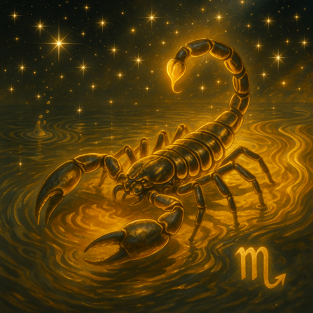 Golden cosmic scorpion emerging from glowing red water with the Scorpio symbol above it in a star-filled background.