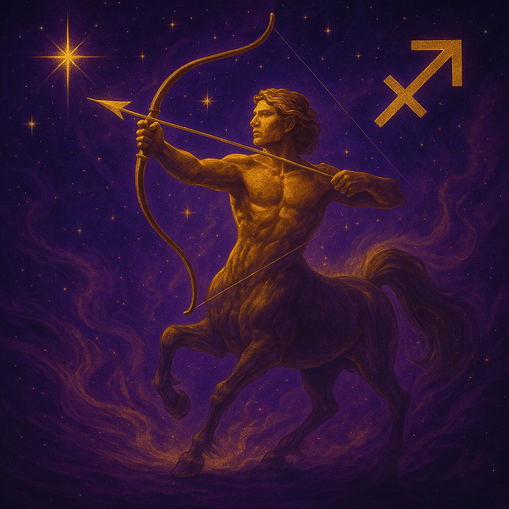 Sagittarius zodiac illustration featuring a golden centaur archer aiming an arrow in a purple star-filled cosmic background with the Sagittarius symbol glowing beside him.