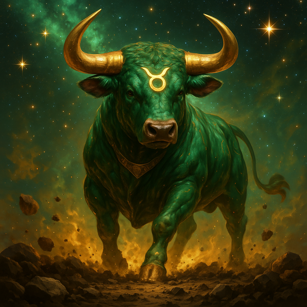Taurus zodiac bull with glowing golden Taurus symbol on forehead, surrounded by stars and cosmic green light.
