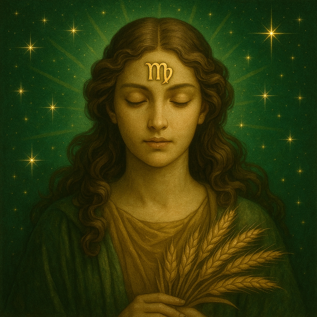 Portrait of a peaceful celestial maiden with the Virgo symbol on her forehead, holding wheat against a glowing green starry background.
