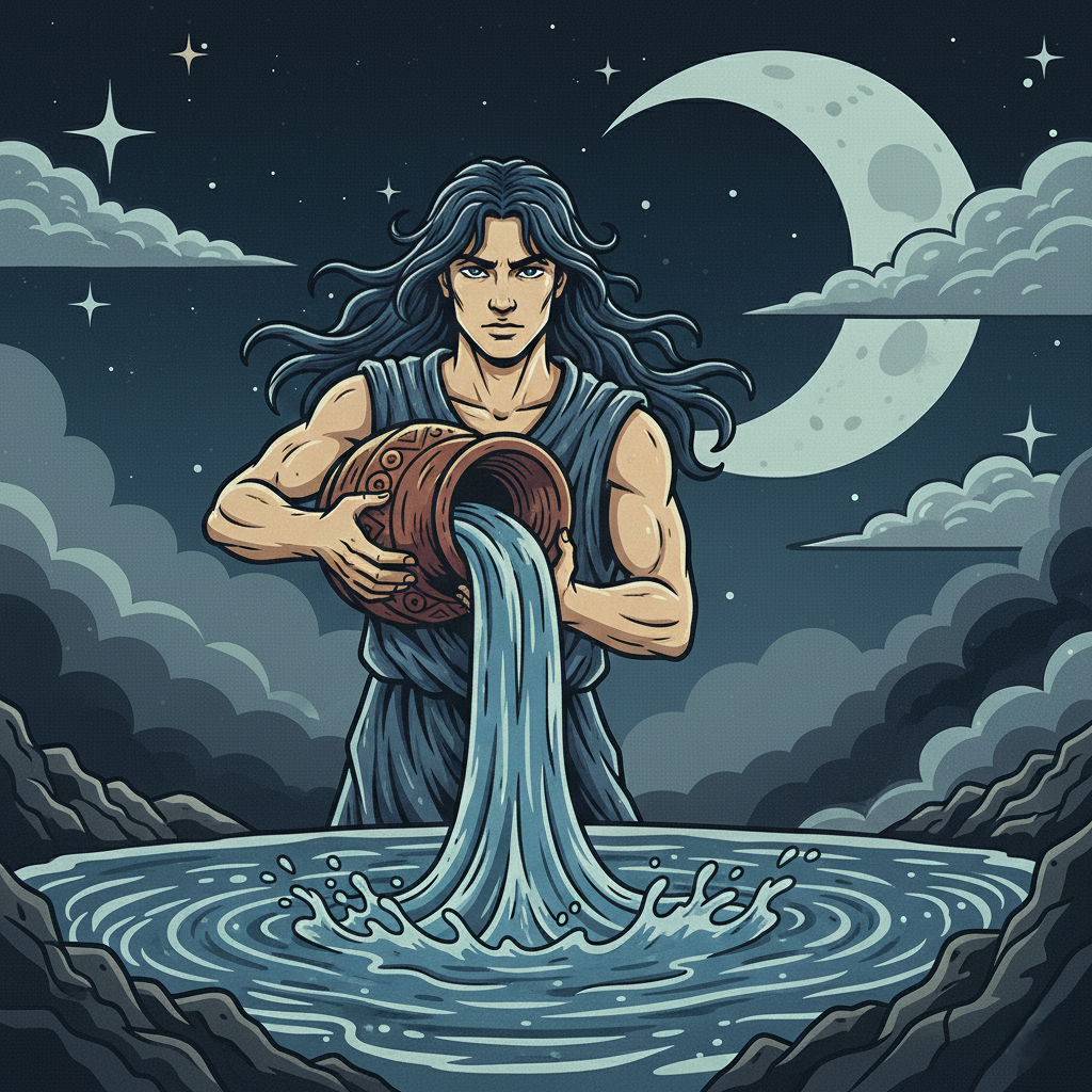 A stylized Aquarius water-bearer illustrated in a vintage celestial style, pouring water from a vessel into a rippling pool under a moonlit sky.