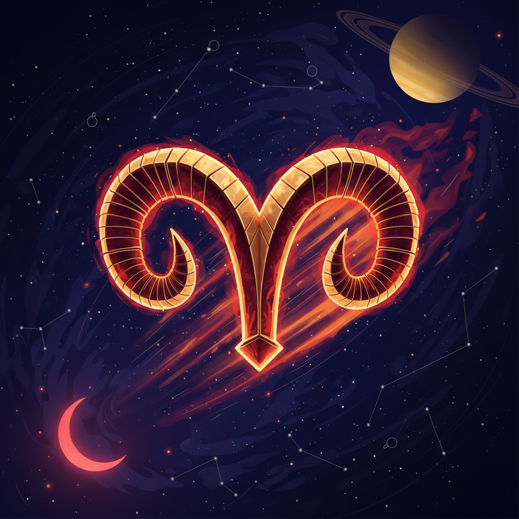 Aries zodiac symbol glowing in fiery red and gold against a cosmic night sky with stars, planets, and constellations, representing the Aries 2026 horoscope.