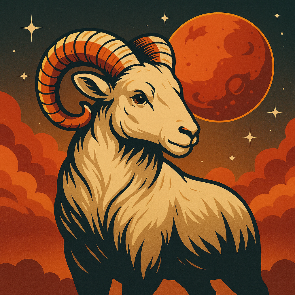 A square vintage-style illustration of an Aries ram with orange horns standing against a glowing red planet and warm cosmic clouds.