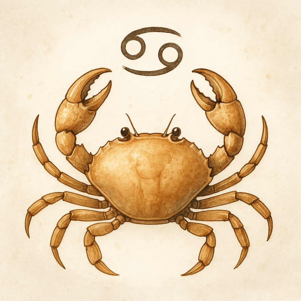 A square illustration of a golden-brown crab with raised claws, shown against a soft parchment-like background, representing the Cancer zodiac sign.