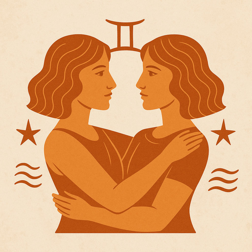 A square illustration of the Gemini twins facing each other in warm orange tones, with stars and air-element symbols around them.