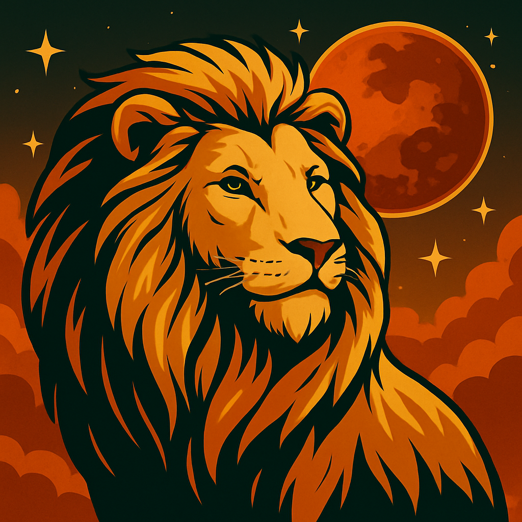 A vintage-style square illustration of a majestic lion with a flowing golden mane, set against a dark starry sky with an orange full moon and warm-toned clouds.