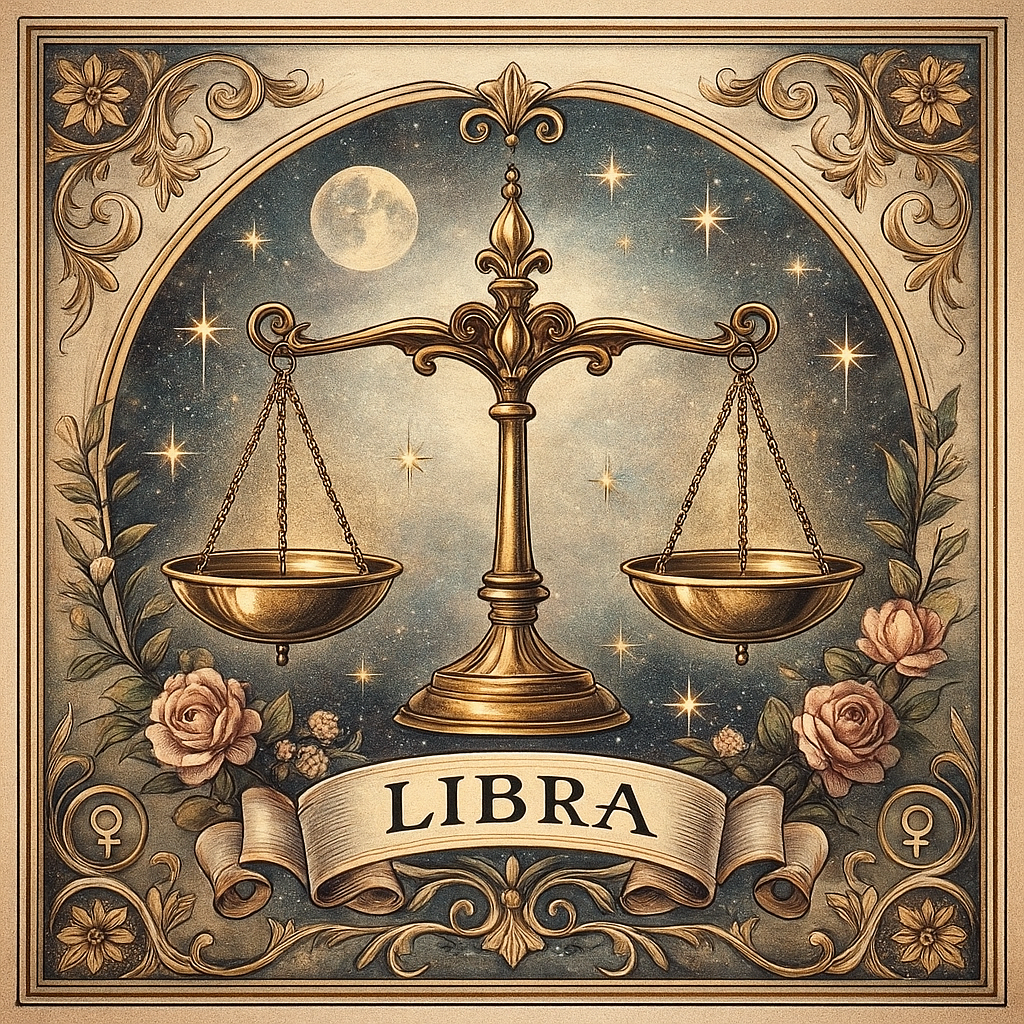 A vintage-style illustration of golden Libra scales set against a starry night sky with floral details and a warm, celestial backdrop.