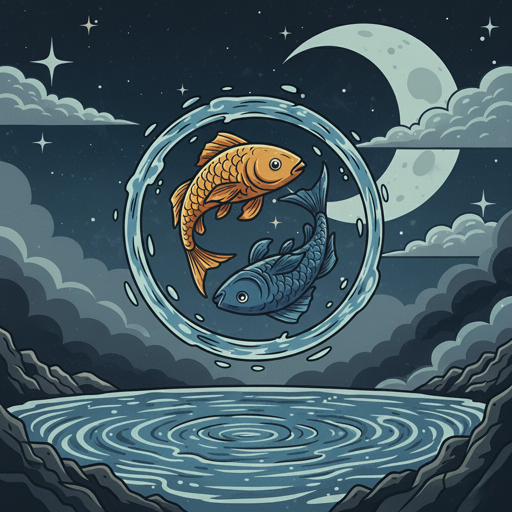 A stylized illustration of Capricorn as a sea goat with curled horns and a fish tail, resting in moonlit water beneath a starry night sky.