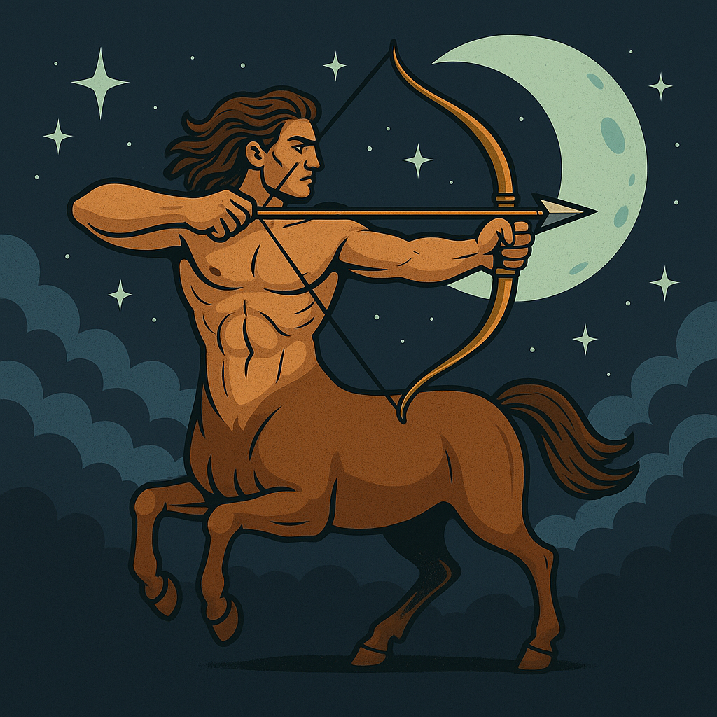 A vintage-style digital illustration of a centaur archer representing Sagittarius, aiming an arrow beneath a crescent moon in a starry night sky with layered clouds.