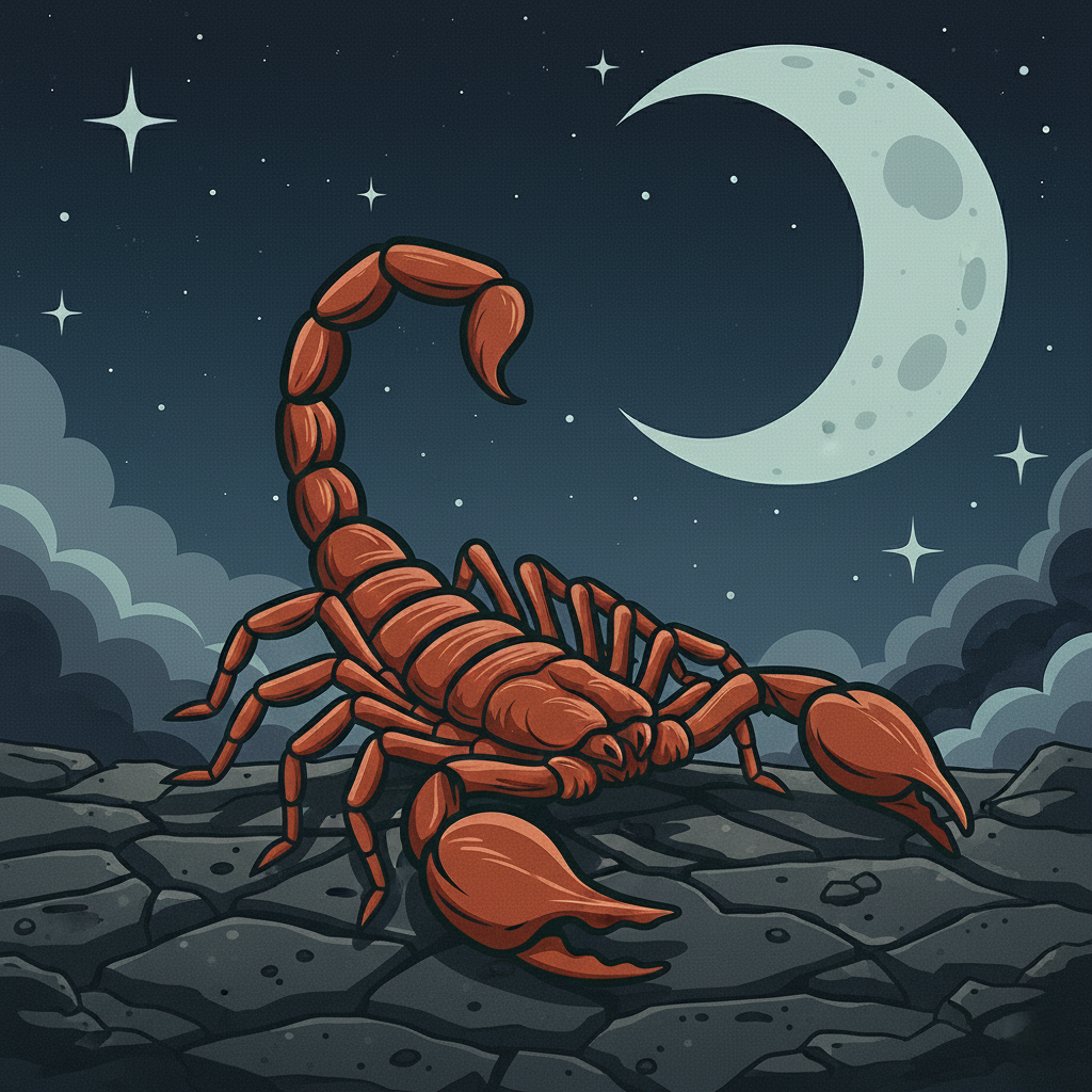 A vintage-style illustration of a red scorpion standing on rocky ground under a crescent moon and starry night sky.