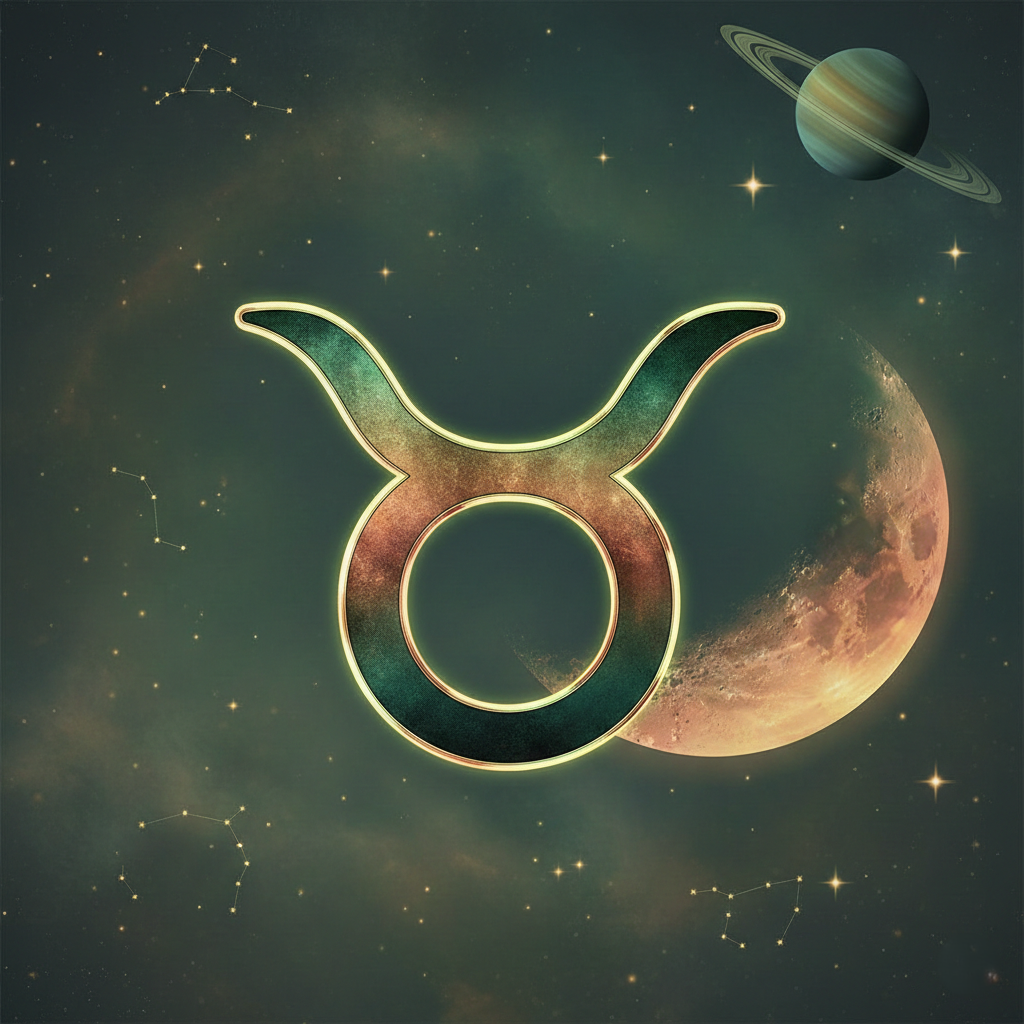Taurus zodiac symbol glowing in earthy green and gold tones against a cosmic sky with stars, constellations, a crescent moon, and a distant planet.