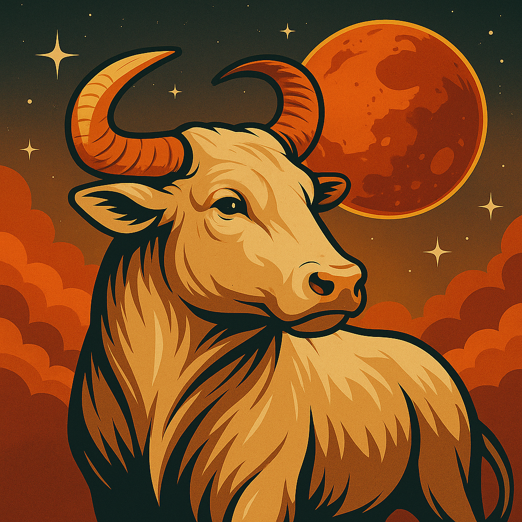 A square vintage-style illustration of a Taurus bull with curved horns, set against a glowing red moon and warm cosmic clouds.