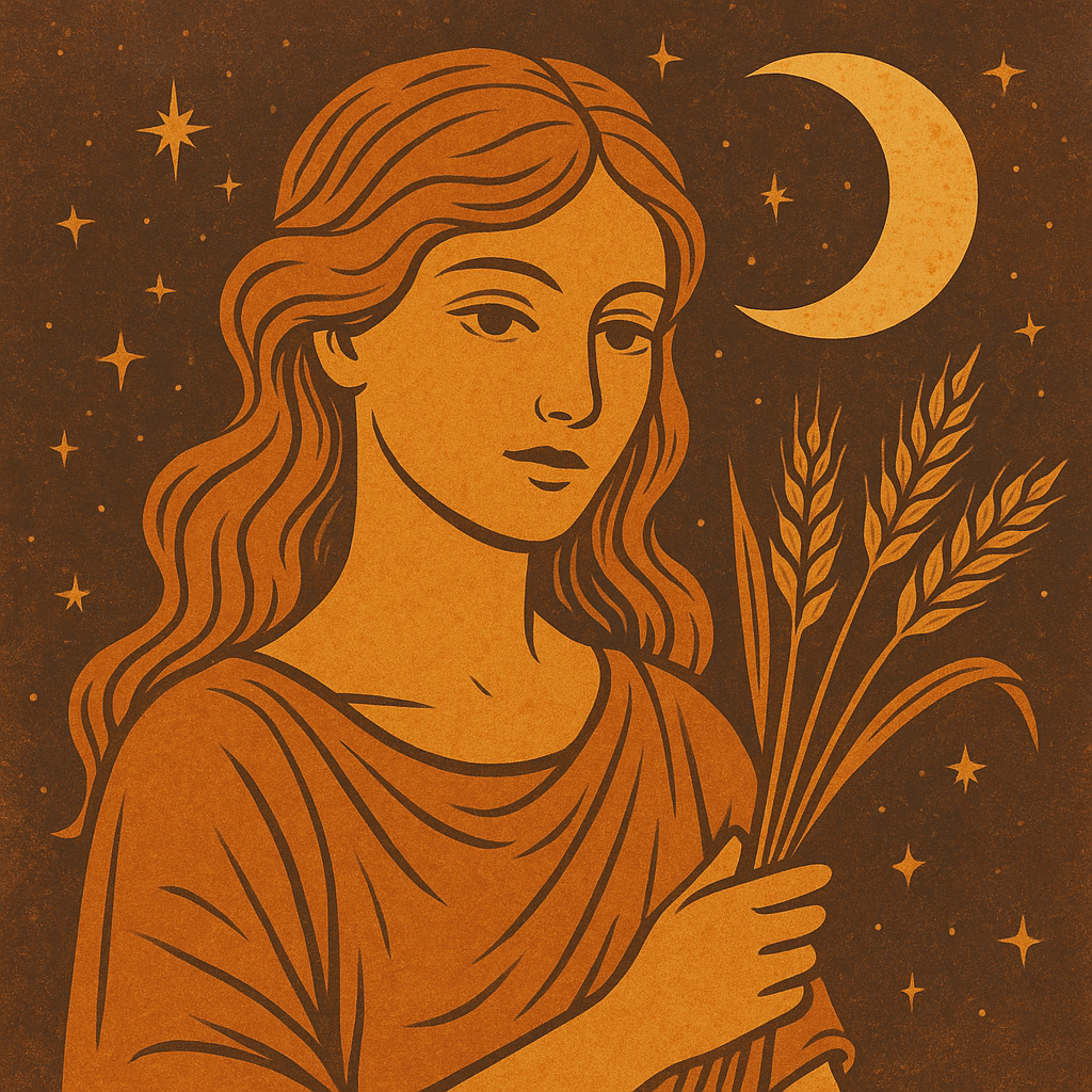 A vintage-style illustration of Virgo depicted as a serene maiden holding wheat, set against a starry sky with a glowing crescent moon.